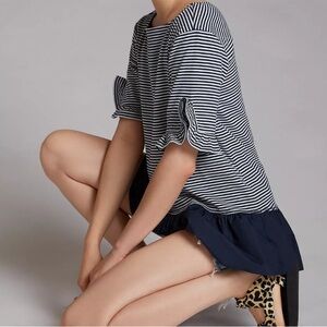 Maeve Anthropologie Women Navy Blue White Striped Ruffle Hem Tunic Top Size XS